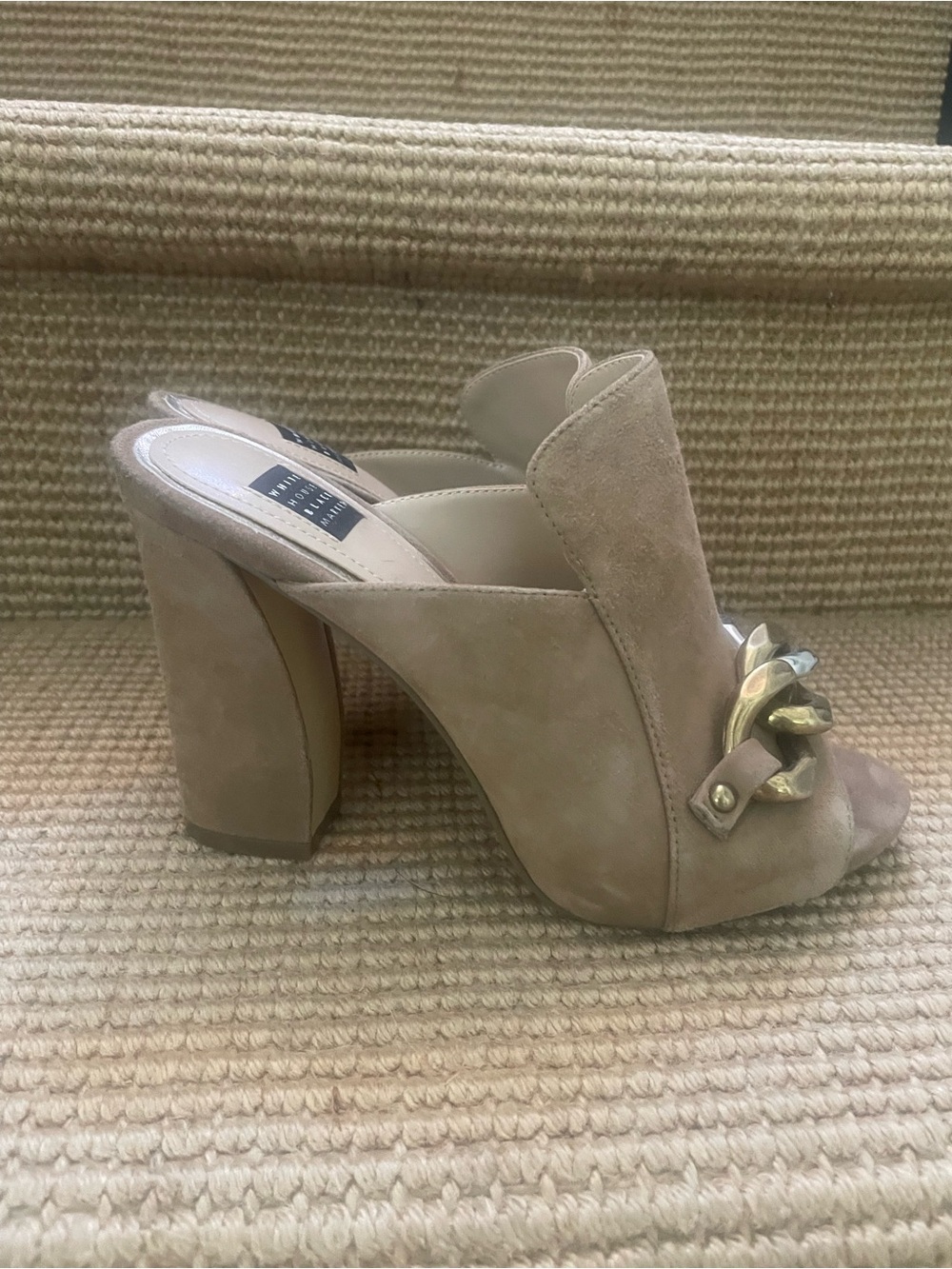 Suede Open-Toe Block Heel Mule with Chain Accent - Beige